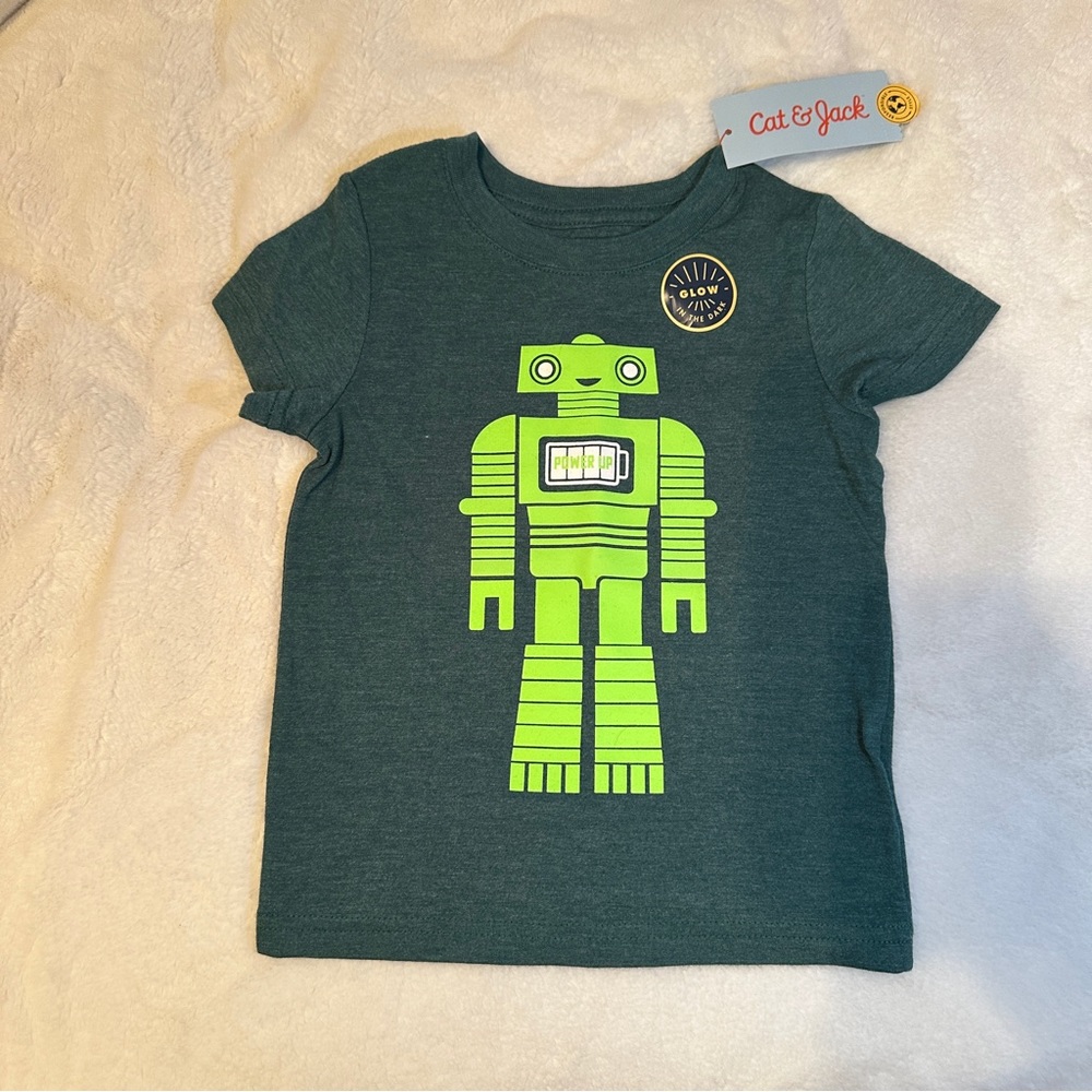 Boys Cat & Jack Green T-Shirt with Glow in The Dark Robot size 18 M NWT
